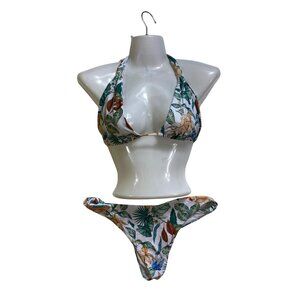 Tropical Print Halter Bikini Large‎ White & Green Two-Piece Swimwear Sexy Beach